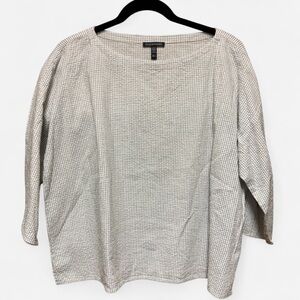 Eileen Fisher Cream Checked 3/4 Length Sleeve Crewneck Blouse